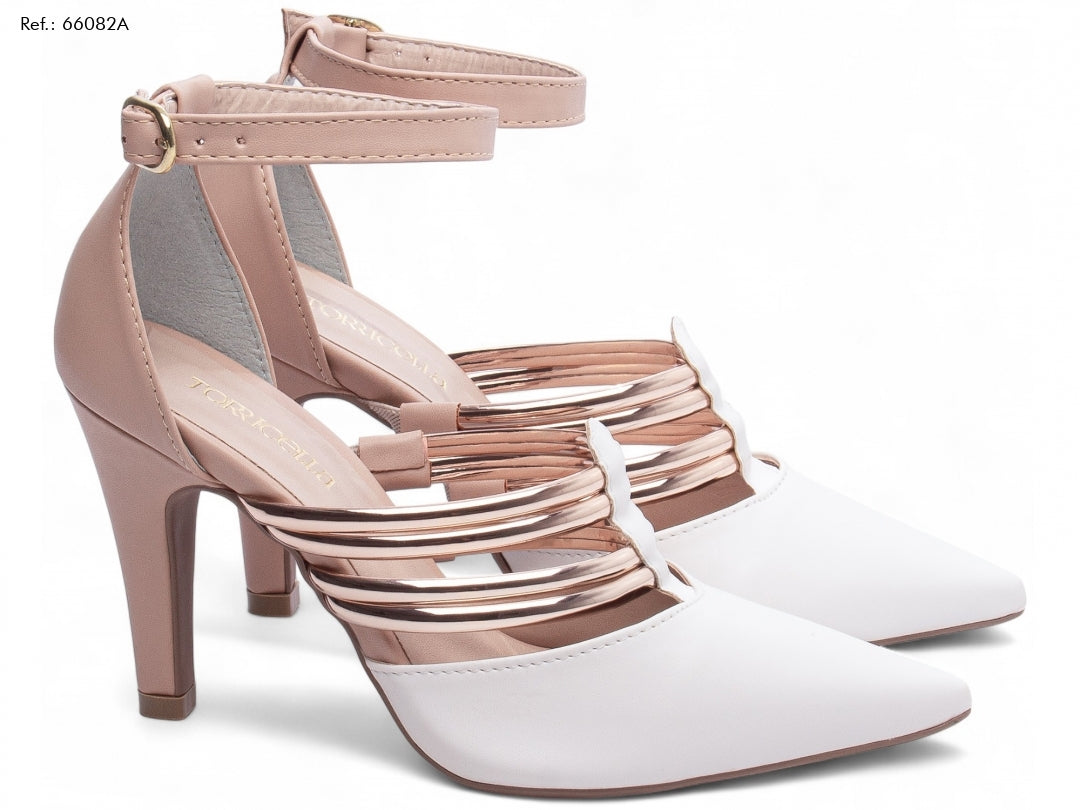 Sapato Scarpin Feminino Bege e Branco – Bico Fino e Salto Alto